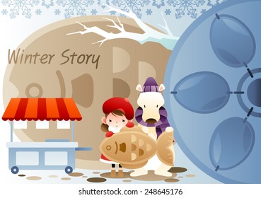 Winter Story with cute little friends on a background with big fish cake : vector illustration