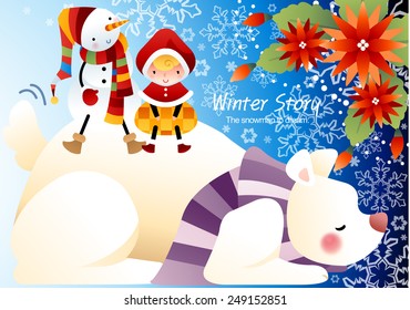 Winter Story with cute little friends and a big animal on blue background with beautiful floral pattern : vector illustration