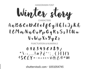 Historia del invierno. Fuente de pincel escrito a mano para citas con letras. Pincel dibujado a mano caligrafía moderna. 