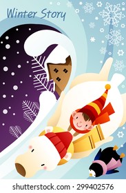 Winter Story - lovely young boy play game with cute pets on the blue ice slide on a background of dark purple night sky and beautiful snowy world with floral patterns : vector illustration
