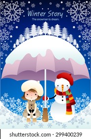 Winter Story - lovely young girl enjoy beautiful snowy frozen ice world with a snowman who holds snow covered purple umbrella on background of bright blue sky with flake pattern : vector illustration