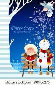 Winter Story - lovely young girl enjoy beautiful snowy frozen ice world with a snowman who look at smiling baby fairy, falling snow on background of blue sky with stripe pattern : illustration