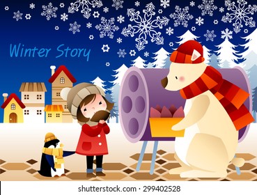 Winter Story - lovely young girl standing by purple round metal drum can and eating tasty roasted hot potato with cute pet penguin on a background of blue sky with floral pattern : illustration