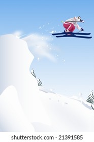 Winter Story - playing and jumping young skier on the steep slope on the background with bright blue sky and beautiful white snow field of isolated rural area : vector illustration