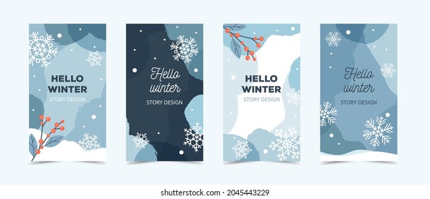 Winter story template for social media, blue backgroung with snowflakes and ilex branches, vector illustration