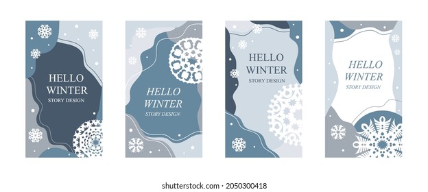 Winter Story Template For Social Media, Blue Background With Snowflakes, Vector Illustration