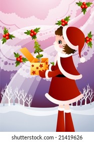 Winter Story with a young cute girl and a funny toy in the yellow box on background with beautiful violet sky and white snow scene : vector illustration