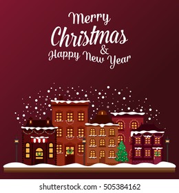Winter street with houses with garlands on windows exterior side view. Buildings with snowflakes at new year or xmas or christmas eve. Ideal for celebration postcard or card, festive or holiday theme