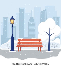 Winter street landscape with bench, tree. Winter city scene with snow. Stock vector holiday illustration
