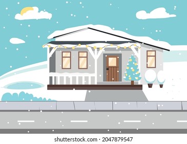 winter street landscape with three houses. vector illustration