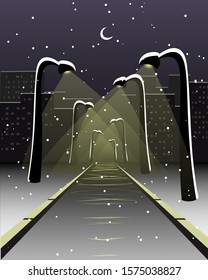 winter, street lights, empty road, crescent moon and far city buildings