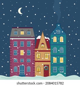Calle de invierno, noche. Estilo plano