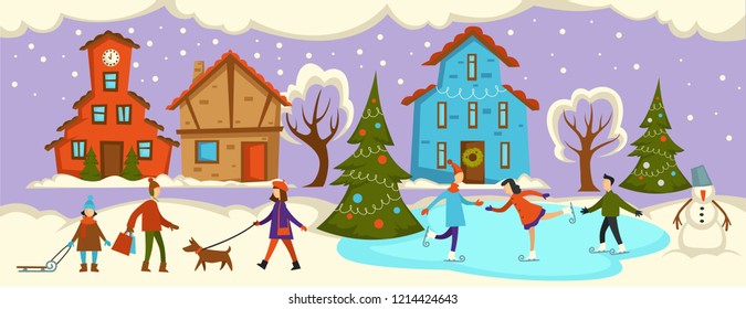 Winter street with people on holiday, couples leisure vector. Apartments, houses with entrance and windows, snowing weather. Couple skating on ice, kid with sledges, woman walking dog on leash