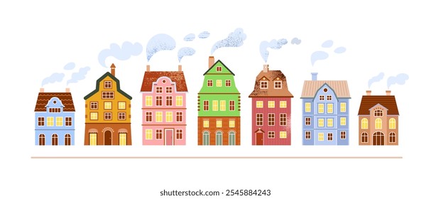 Winter street of seven colorful medieval European houses in old town on market square with smoke from chimneys. Cute vector horizontal illustration on white background for postcard, holiday greetings.