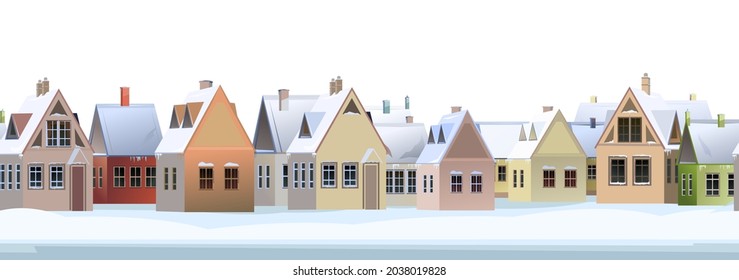 Winter street with snowdrifts. Rural houses. Quiet frosty day. Seamless. Gable roofs are covered with snow. Country landscape. Isolated on white background. Flat cartoon style. Vector art.
