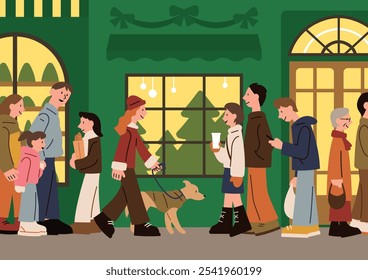 Winter streets full of holiday cheer. People are walking down the street, enjoying the holiday decorations. Cartoon style vector illustration. 