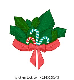 Winter stripe branch with bow and ribbon, sweet candy and snowflakes isolated on white background