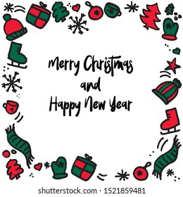 Winter style frame. Hand drawn christmas background. Decorative holiday elements for poster, card, banner, invitation, advertising, brochure. Green and red elements in white