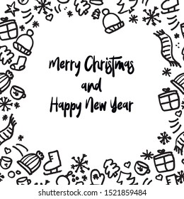 Winter style frame. Hand drawn christmas background. Decorative holiday elements for poster, card, banner, invitation, advertising, brochure. Black on white isolated