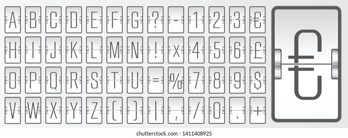 Winter style scoreboard abc font with numbers for showing flight departure, destination or arrival information. Airport terminal mechanical flip board alphabet to display timetable vector illustration