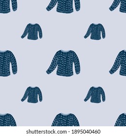 Winter style seamless pattern with cartoon navy blue warm sweater print. Pastel background. Flat vector print for textile, fabric, giftwrap, wallpapers. Endless illustration.