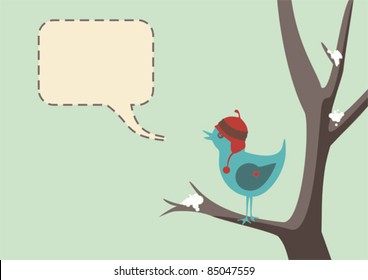 Winter style vector of a cute bird wearing a hat, sitting in tree with snow, complete with speech bubble