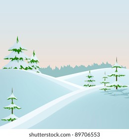 Winter styled landscape with fir trees and forest. Vector illustration.