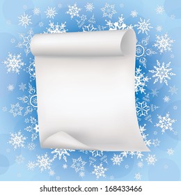 Winter stylish blue background with sheet of paper and white ornate snowflakes. New Year and Christmas card with place for text. Winter wallpaper. Vector illustration