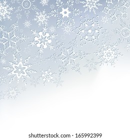 Winter stylish gray background with white ornate snowflakes. New Year and Christmas card with place for text. Beautiful winter wallpaper. Vector illustration