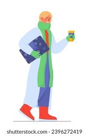 Winter stylish person concept. Woman in warm clothes with hot drink. Christmas and New Year. Fashion and style for cold weather. Cartoon flat vector illustration isolated on white background