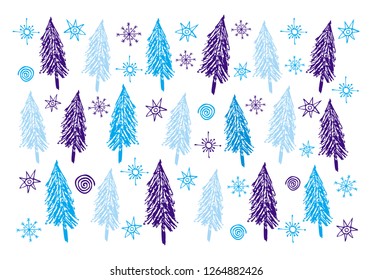 Winter stylized background of Christmas trees and snowflakes. Manual graphics in wind format.