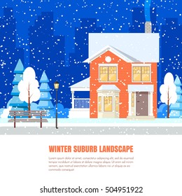 Winter suburb landscape with powdered house and trees on snow-covered ground against city background. Vector illustration in flat style for winter congratulation card.