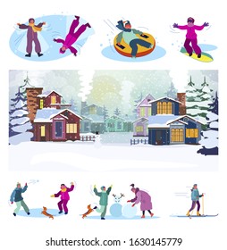 Winter suburb street set. Children snowboarding, skiing, playing snowballs, having fun. Flat vector illustrations. Vacation, outdoor activity concept for banner, website design or landing web page