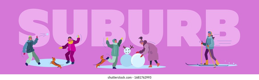 Winter suburb street set. Children snowboarding, skiing, playing snowballs, having fun. Flat vector illustrations. Vacation, outdoor activity concept for banner, website design or landing web page