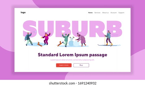 Winter suburb street set. Children snowboarding, skiing, playing snowballs, having fun. Flat vector illustrations. Vacation, outdoor activity concept for banner, website design or landing web page