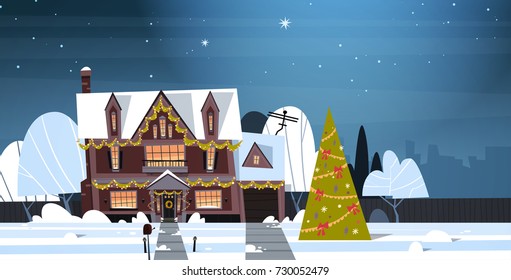 Winter Suburb Town View Snow On Houses With Decorated Pine Tree, Merry Christmas And Happy New Year Concept Flat Vector Illustration