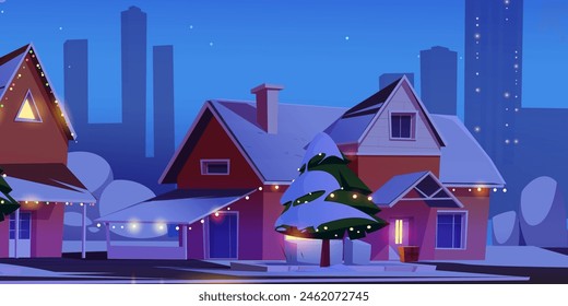 Winter suburban neighborhood street with cute houses covered with snow, Christmas garland decorations and delivered cardboard parcel near entrance door. Cartoon vector holiday outdoor illustration.