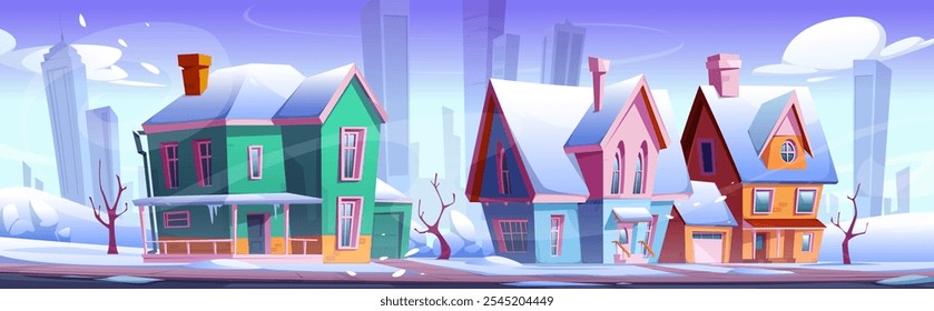 Winter suburban scene with colorful mansion houses covered in snow. Modern skyscrapers visible on horizon background. Traditional residential buildings with icicles on roofs, chimneys and garages.