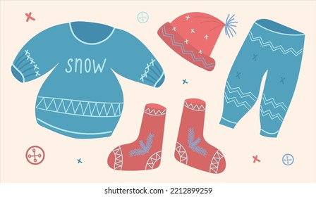 Winter suit consisting of sweaters, pants, hats and felt boots. Isolated vector elements. A set for various designs. Outerwear and shoes in blue and red.
