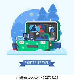 Winter Suitcase Full Of Vacation Clothes And Things For Wintertime Holidays. Open Suit Case On Mountain Ski Resort With Sport Stuff For Trip. Packing Luggage For Travel Concept Vector Illustration.