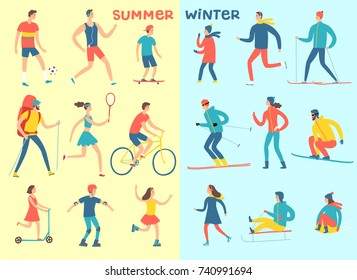 Winter and summer activities cartoon set. Seasonal sport and leisure illustration for your design.