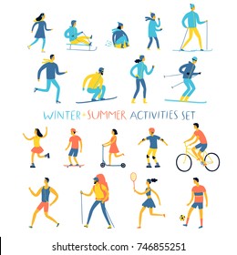 Winter and summer activities cartoon set. Children and adults. Seasonal sport and leisure illustration for your design.