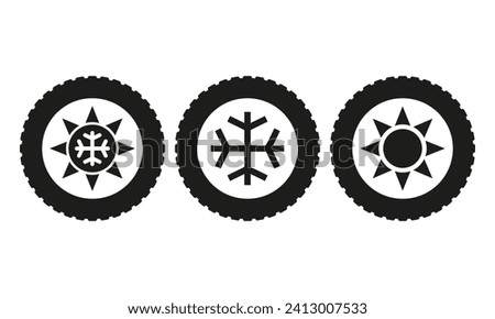 Winter, summer and all-season tire types. Tyres with icons for winter, summer and all weather. Snowflake and sun symbols.