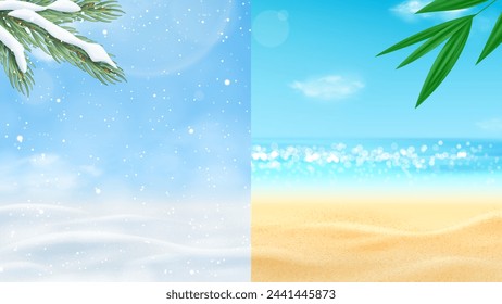 Winter and summer comparison seasons banner. Vector illustration of winter desert with fir tree branch and summer beach with tropical leaf. Concept of comparison of two seasons.
