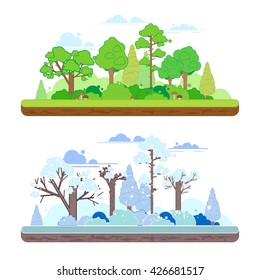 Winter and summer forest scenes in a  flat style. Two seasons concept with summer and winter landscapes . 
