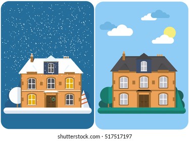 Winter And Summer House. Family Suburban Home. Vector Flat Illustration.