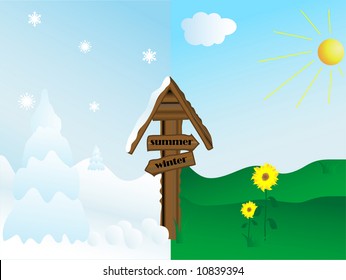 Winter and summer landscape with the signpost