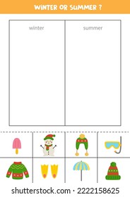 Winter or summer. Match cards with seasonal elements. Logical game for kids.