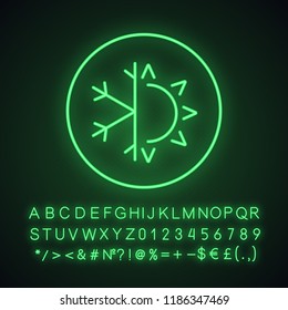 Winter and summer neon light icon. Glowing sign with alphabet, numbers and symbols. Dual season mattress. Four seasons. Air conditioning. Sun and snowflake. Vector isolated illustration