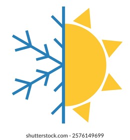 Winter and summer seasons represented by a snowflake and sun graphic. Symbol representing contrasting temperatures, hot and cold.